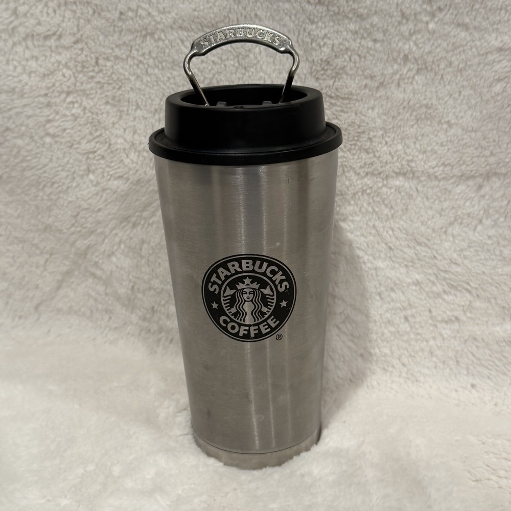 Starbucks 2010 Brushed Stainless Steel Black Logo Tumbler Mug Cup 16 oz - READ